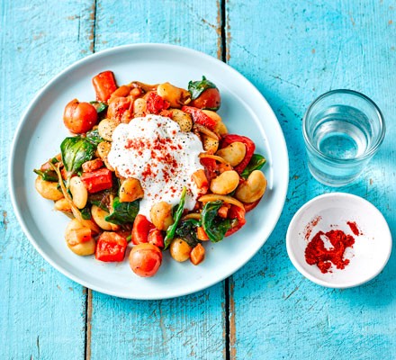 Rustic beans & spinach with garlic yogurt recipe 