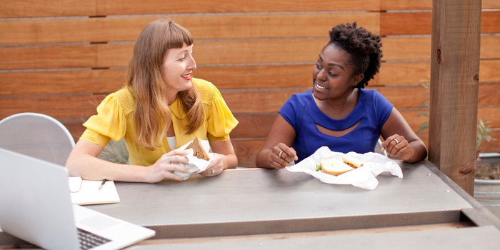 Businesswomen eating lunch in office lounge