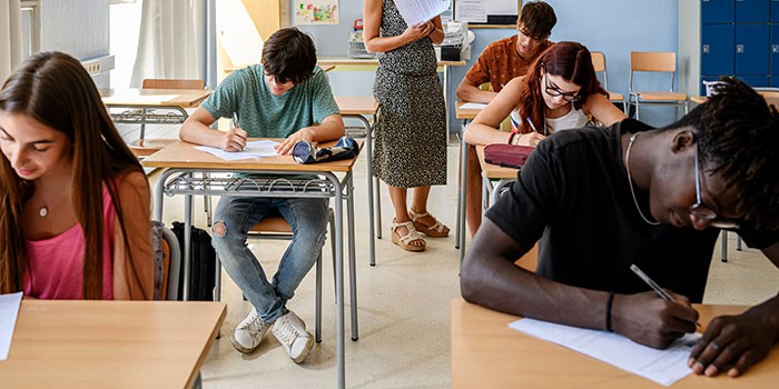 Students in an exam room