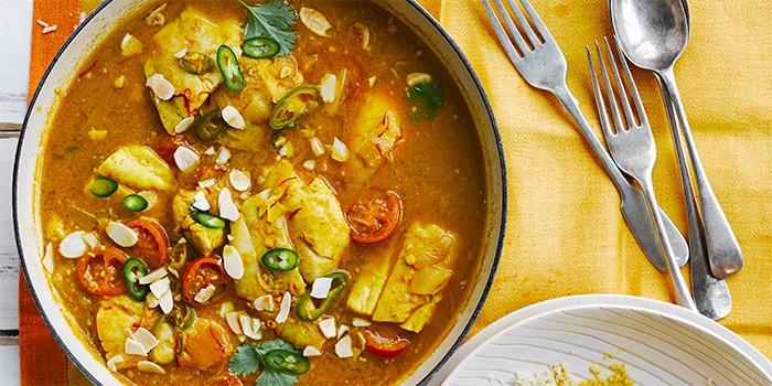 Fish tagine with saffron & almonds in a casserole dish