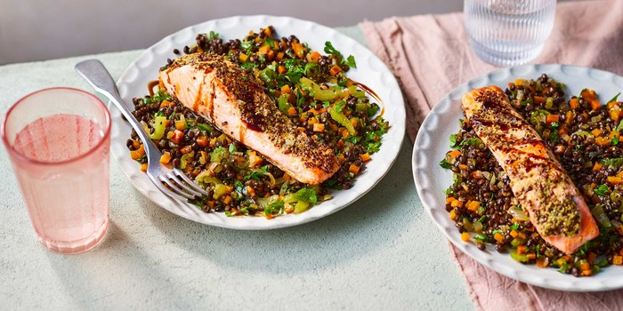 A serving of puy lentils with seared salmon