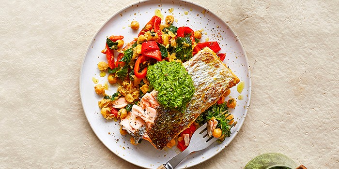 Salsa verde salmon with smashed chickpea salad