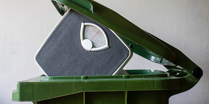 Weighing scales in a big green wheelie bin