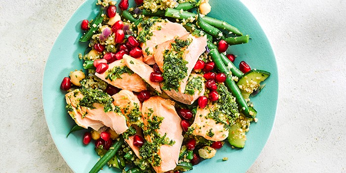 Coriander salmon with curried quinoa and pomegranate