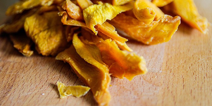 Close-up of strips of dried mango