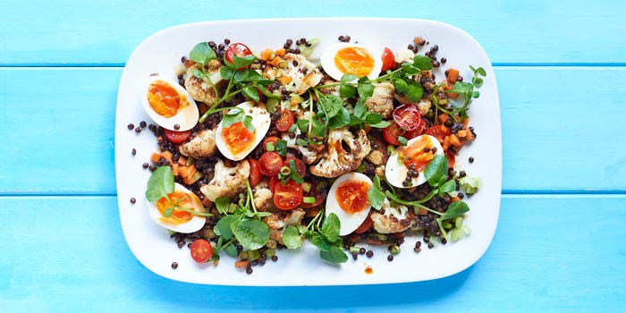 Egg and puy lentil salad on a square dish, on blue table