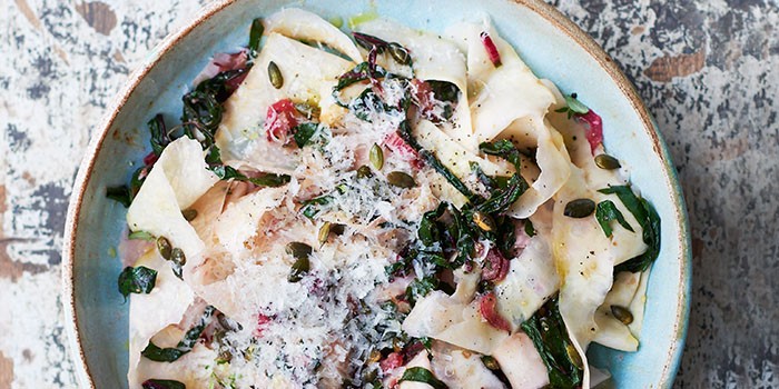 Celeriac ribbons tossed with chard