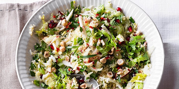 Celery salad with apple, hazelnuts, avocado and bulgur wheat