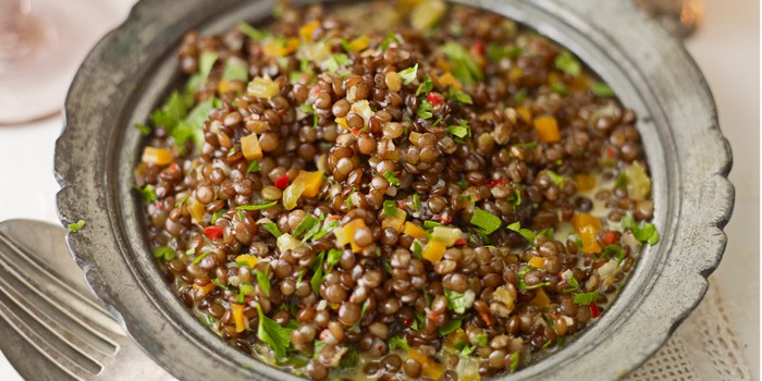 chilli and tangerine braised lentils in a dish