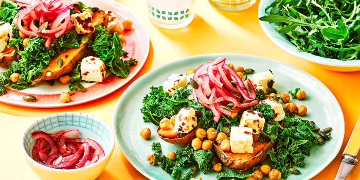 Feta & kale loaded sweet potato with red onions