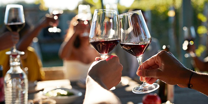 Friends toasting glasses with red wine