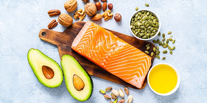 Healthy fats salmon, nuts, seeds, oil and avocado