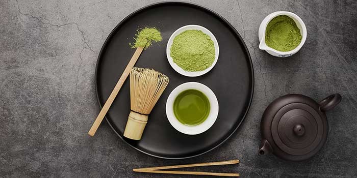 Ingredients and equipment to make matcha tea