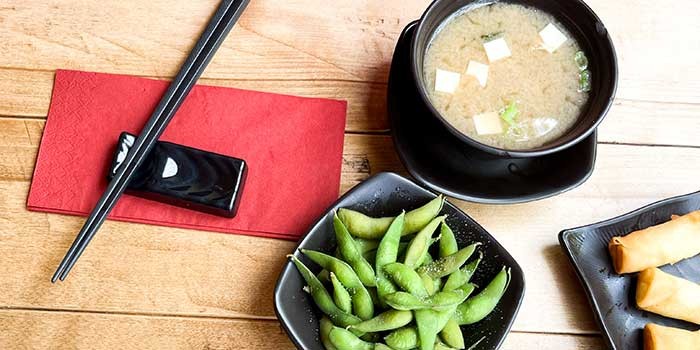 Miso soup and edamame beans