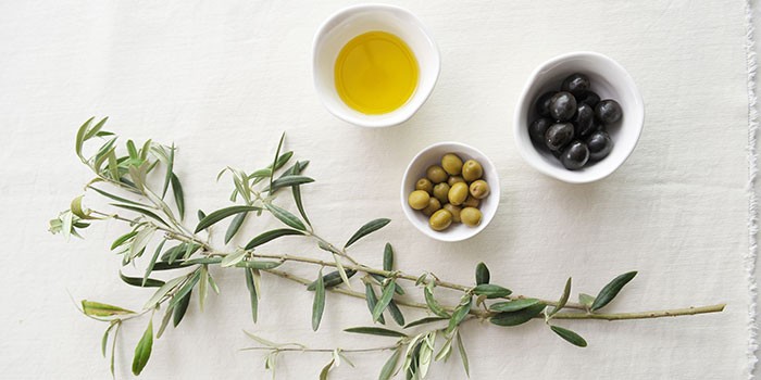 Green and black olives and an olive branch