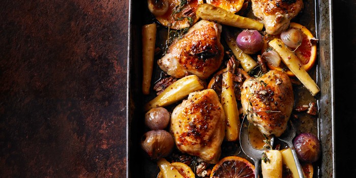 Sticky orange chicken with parsnips, maple & pecans