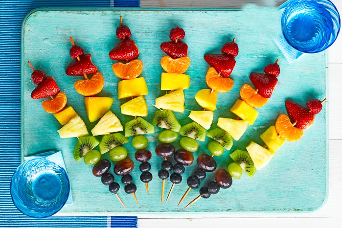 Rainbow fruit kebabs