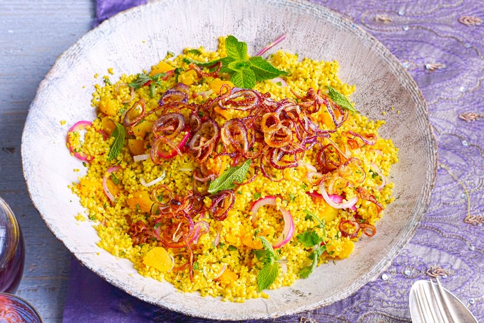 Golden couscous with apricots & crispy onions