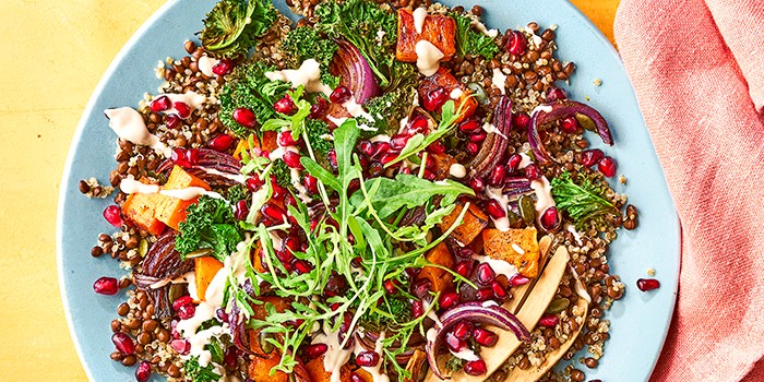 Vegan roast spiced squash salad with tahini dressing