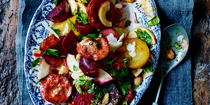 Warm Spanish beet chorizo & pear salad