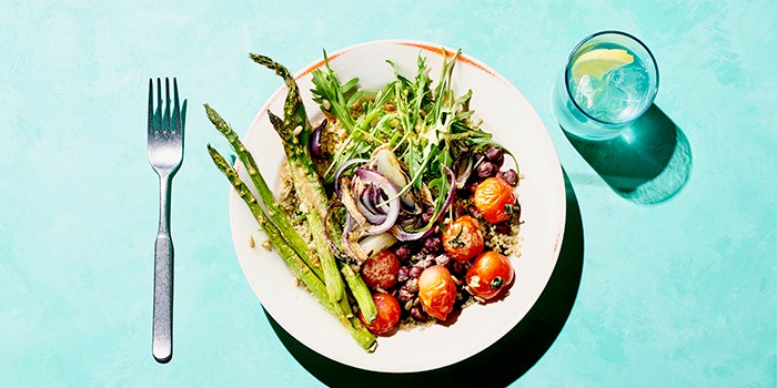 Roast asparagus bowl with tahini lemon dressing