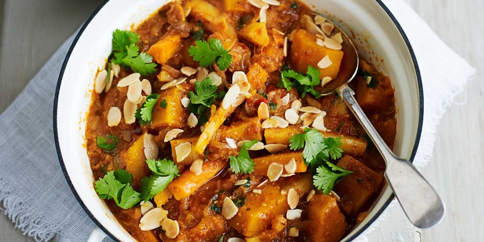 Winter vegetable curry with fruity raita
