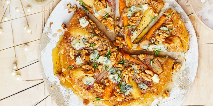 Root vegetable tatin with candied nuts & blue cheese