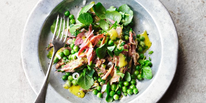 Pea and ham hock salad in bowl