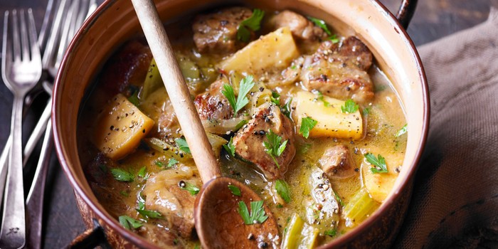 Slow-braised pork shoulder with cider & parsnips