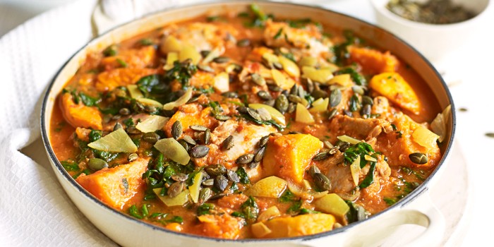 spiced chicken, spinach and sweet potato stew