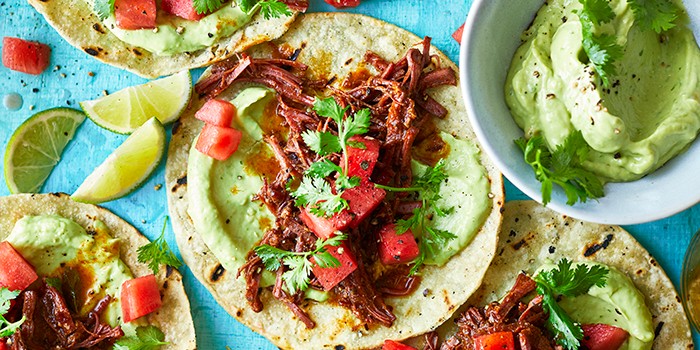 Barbacoa beef tacos with pickled watermelon & avocado sauce