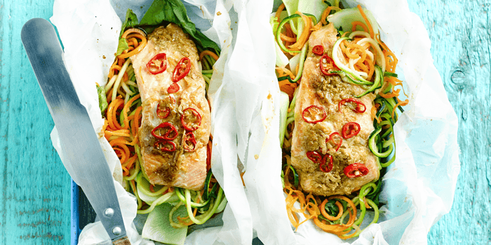 Ginger & soy salmon with courgetti in two parcels