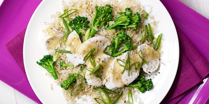 Miso brown rice & chicken salad with broccoli on a plate