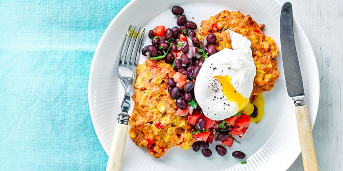 Sweetcorn fritters with eggs & black bean salsa