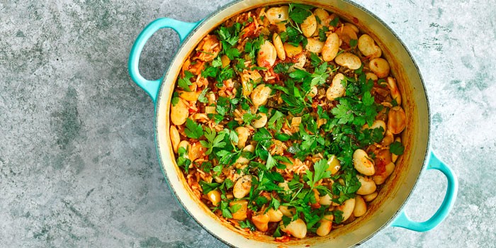 Vegan jambalaya in a casserole dish
