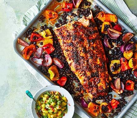 Blackened roast salmon with avocado & mango salsa recipe