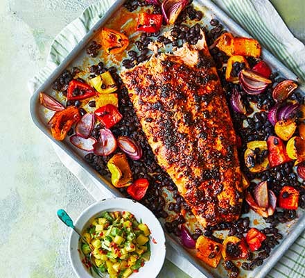 Blackened roast salmon with avocado & mango salsa recipe 