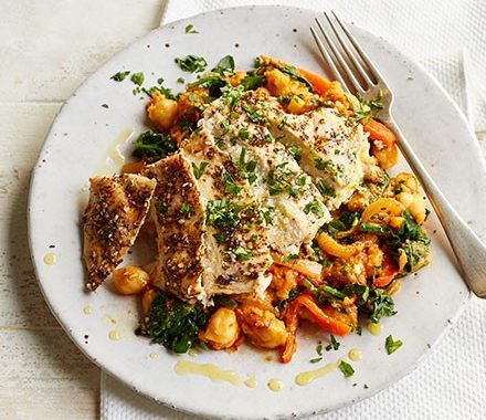 Chicken with crushed harissa chickpeas recipe