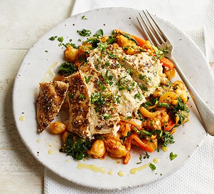 Chicken with crushed harissa chickpeas recipe 