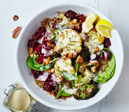 Roasted cauli-broc bowl with tahini hummus recipe