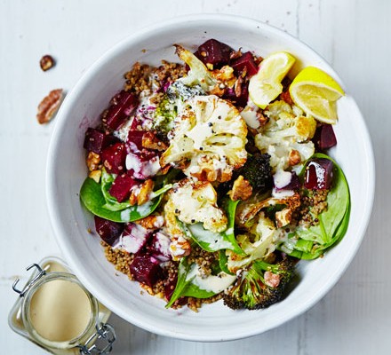 Roasted cauli-broc bowl with tahini hummus recipe 