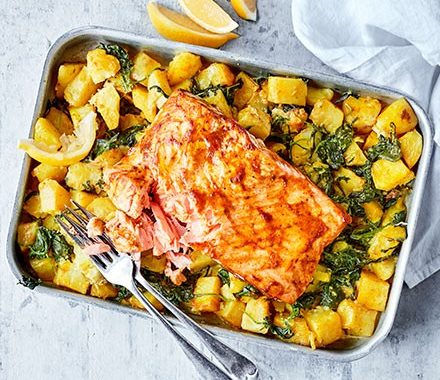 Spiced salmon with traybaked sag aloo recipe