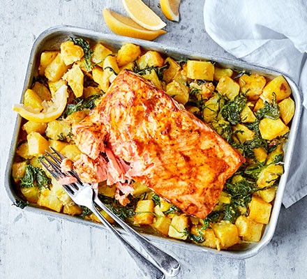 Spiced salmon with traybaked sag aloo recipe 