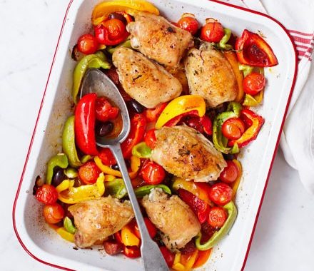 Spanish chicken traybake with chorizo & peppers recipe