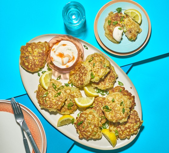 Tuna, spring onion & sweetcorn fritters with sour cream recipe 