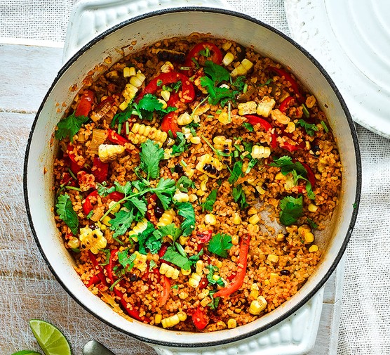 Charred sweetcorn, red pepper & bulgur wheat pilaf recipe 