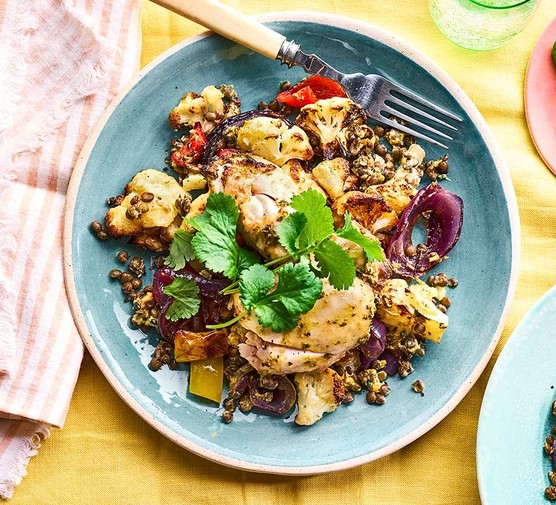 Coriander roast chicken thighs with puy lentil salad 
