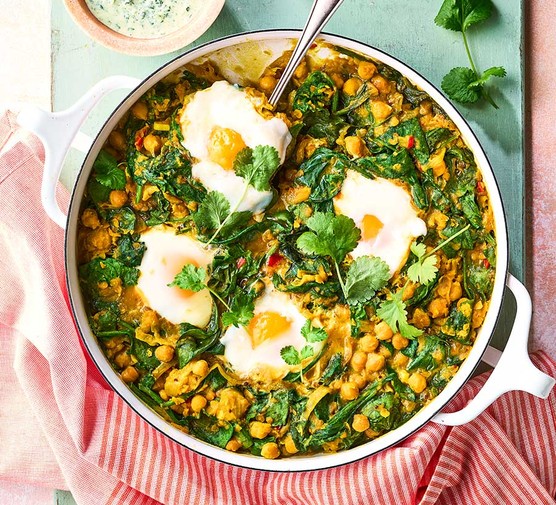 Dhal poached eggs with herby raita recipe 