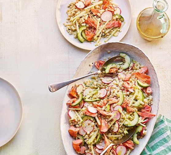 Pearl couscous salad with hot smoked trout & buttermilk dressing recipe 