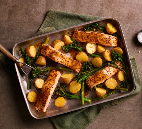 Honey mustard salmon, potato and long-stem broccoli traybake recipe 
